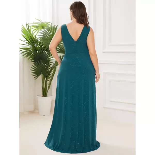 EverPretty Womens VNeck Glitter Dress Side Split Plus Size Evening Dress 07505Teal