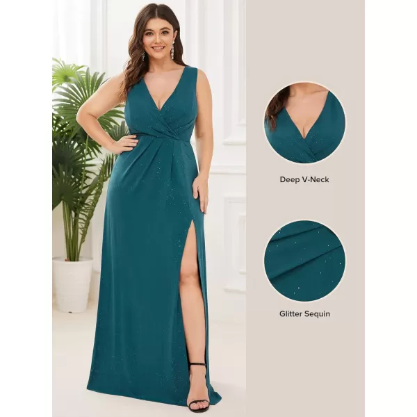 EverPretty Womens VNeck Glitter Dress Side Split Plus Size Evening Dress 07505Teal