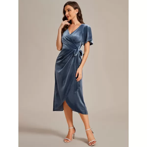 EverPretty Womens Velvet Midi Length ALine V Neck Ruffled Sleeves Wedding Guest Dress 01964Dusty Blue