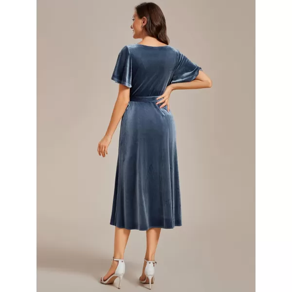 EverPretty Womens Velvet Midi Length ALine V Neck Ruffled Sleeves Wedding Guest Dress 01964Dusty Blue