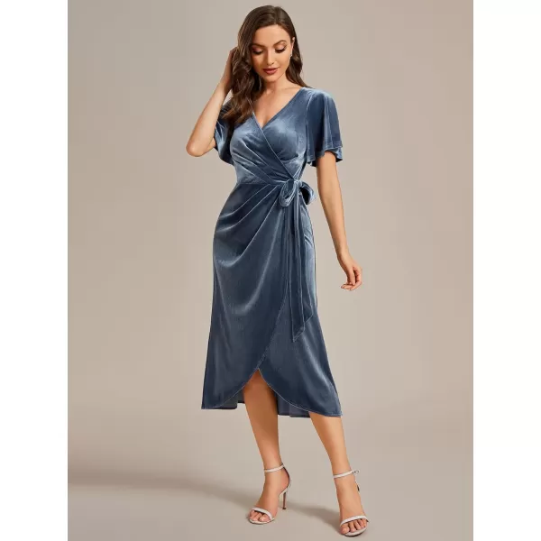 EverPretty Womens Velvet Midi Length ALine V Neck Ruffled Sleeves Wedding Guest Dress 01964Dusty Blue