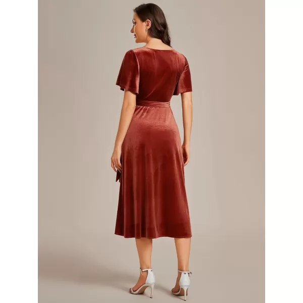 EverPretty Womens Velvet Midi Length ALine V Neck Ruffled Sleeves Wedding Guest Dress 01964Maroon