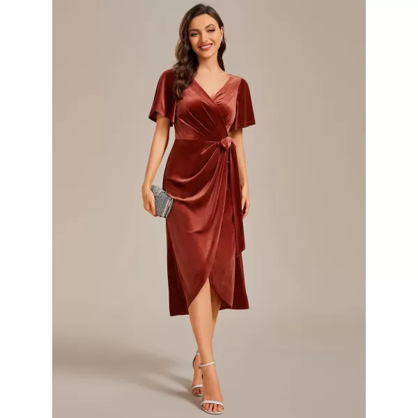 EverPretty Womens Velvet Midi Length ALine V Neck Ruffled Sleeves Wedding Guest Dress 01964Maroon