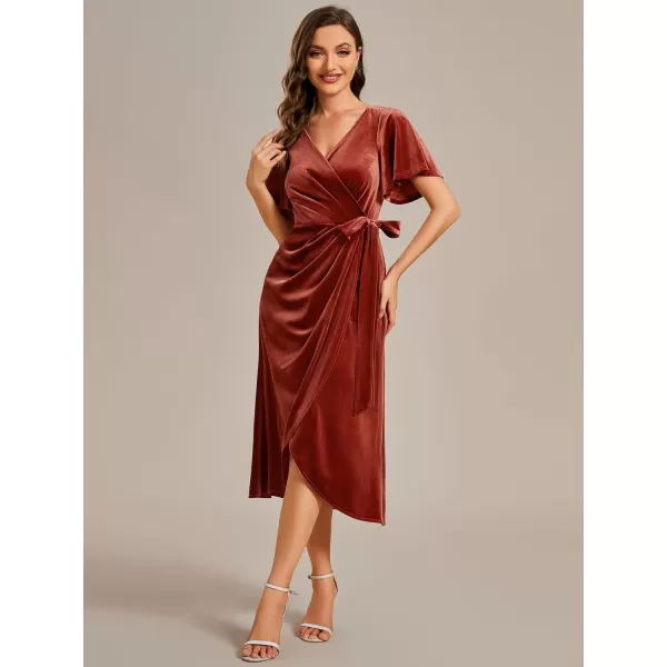 EverPretty Womens Velvet Midi Length ALine V Neck Ruffled Sleeves Wedding Guest Dress 01964Maroon