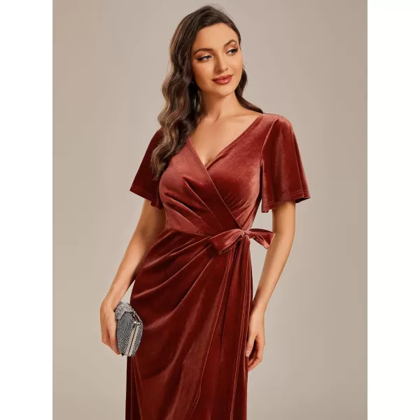 EverPretty Womens Velvet Midi Length ALine V Neck Ruffled Sleeves Wedding Guest Dress 01964Maroon