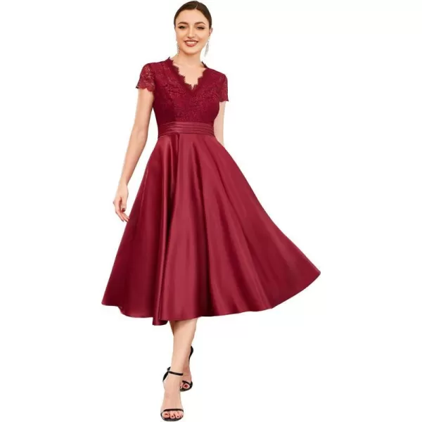 EverPretty Womens Aline Lace SeeThrough VNeck Pleated Wedding Party Cocktail Dress 40400Burgundy