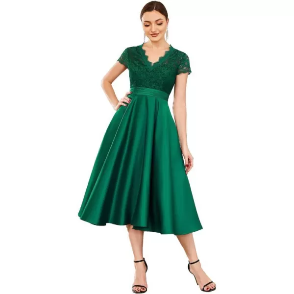 EverPretty Womens Aline Lace SeeThrough VNeck Pleated Wedding Party Cocktail Dress 40400Dark Green