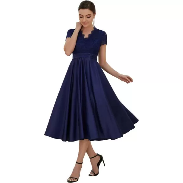 EverPretty Womens Aline Lace SeeThrough VNeck Pleated Wedding Party Cocktail Dress 40400Navy Blue