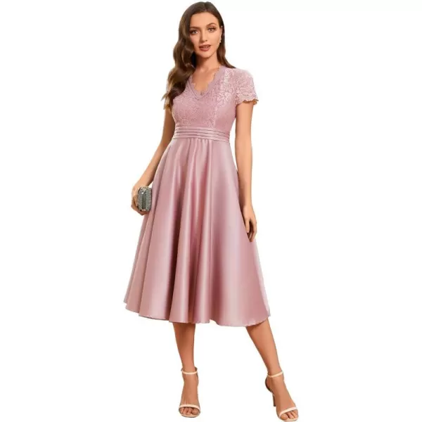 EverPretty Womens Aline Lace SeeThrough VNeck Pleated Wedding Party Cocktail Dress 40400Orchid