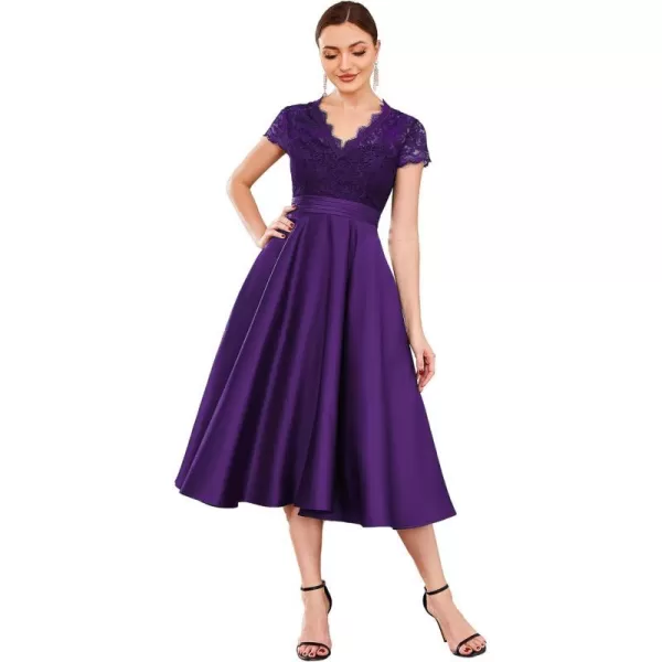 EverPretty Womens Aline Lace SeeThrough VNeck Pleated Wedding Party Cocktail Dress 40400Purple