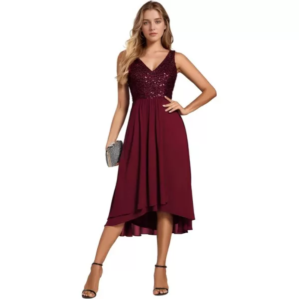 EverPretty Womens Chiffon V Neck Sleeveless Sequin High Low Cocktail Dresses Midi Wedding Guest Dresses 02184Burgundy