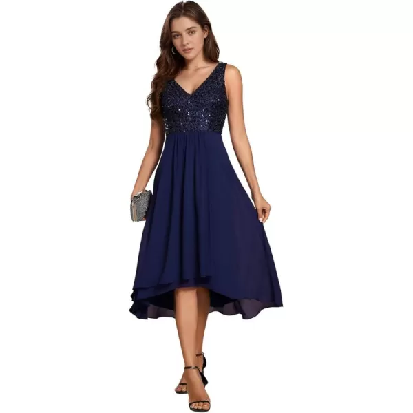 EverPretty Womens Chiffon V Neck Sleeveless Sequin High Low Cocktail Dresses Midi Wedding Guest Dresses 02184Navy Blue