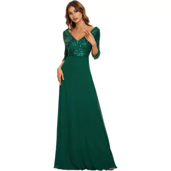 EverPretty Womens Elegant VNeck Long Sleeve Sequin Evening Party Dress 0751Dark Green