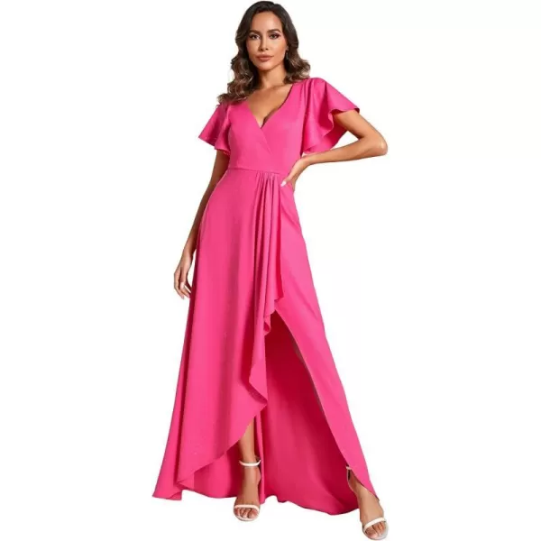 EverPretty Womens Glitter HiLo Ruffled Hem VNeck Formal Dress with Sleeves 01738Hot Pink