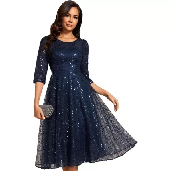 EverPretty Womens Round Neck 34 Sleeves Formal Dresses Sequin A Line Midi Wedding Guest Dress 02241Navy Blue