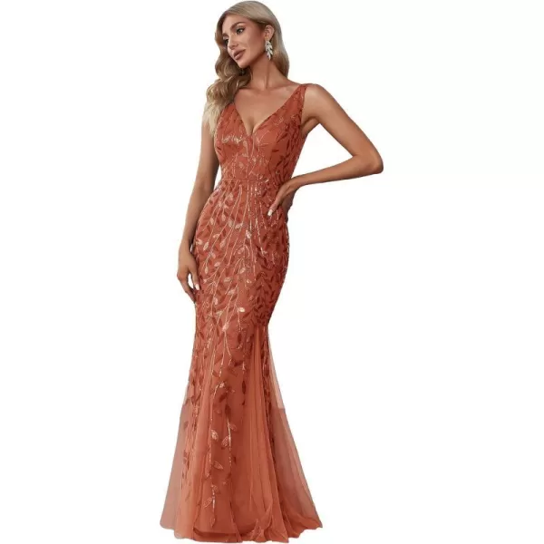 EverPretty Womens Sequin Double VNeck Sleeveless Mermaid Long Evening Dress 07886USABurnt Orange