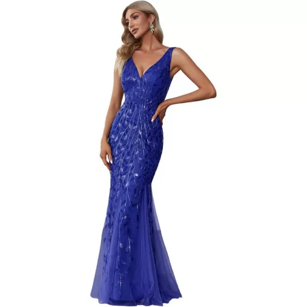 EverPretty Womens Sequin Double VNeck Sleeveless Mermaid Long Evening Dress 07886USASapphire Blue