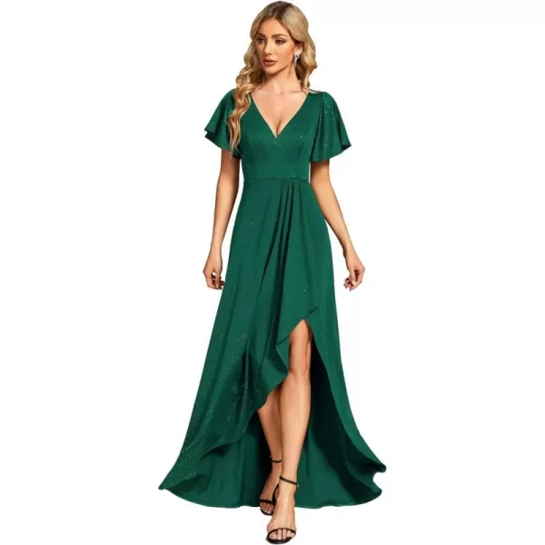 EverPretty Womens Sexy Glitter HighLow Ruffled VNeck Evening Dress with Sleeves 01738Dark Green