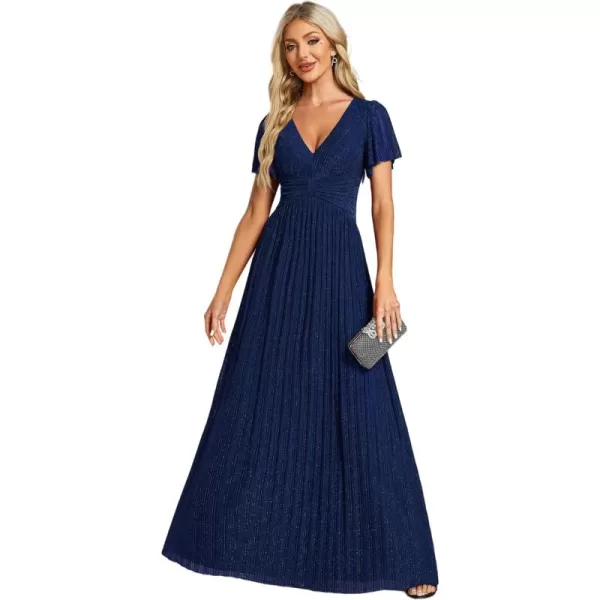 EverPretty Womens Summer Wedding Guest Dress Glitter V Neck Pleated Short Sleeves Evening Mother Dresses 11961Navy Blue