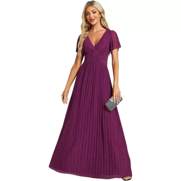 EverPretty Womens Summer Wedding Guest Dress Glitter V Neck Pleated Short Sleeves Evening Mother Dresses 11961Purple Wisteria