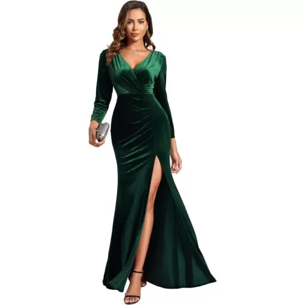 EverPretty Womens V Neck Long Sleeve ALine Side Slit Floor Length Velvet Formal Dresses 01431Bdark Green