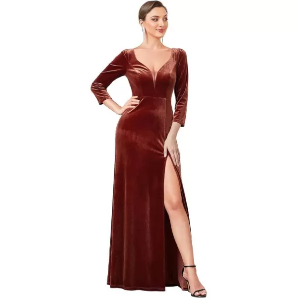 EverPretty Womens V Neck Long Sleeve ALine Side Slit Floor Length Velvet Formal Dresses 01431Maroon