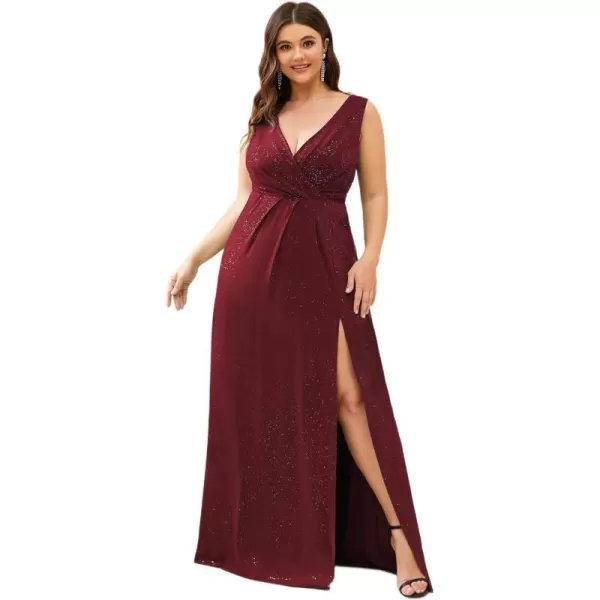 EverPretty Womens VNeck Glitter Dress Side Split Plus Size Evening Dress 07505Burgundy