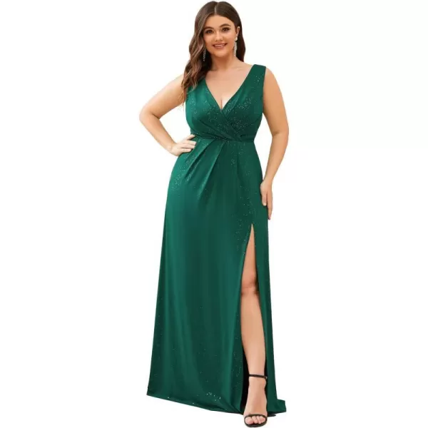 EverPretty Womens VNeck Glitter Dress Side Split Plus Size Evening Dress 07505Dark Green