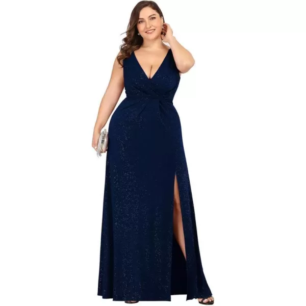 EverPretty Womens VNeck Glitter Dress Side Split Plus Size Evening Dress 07505Navy