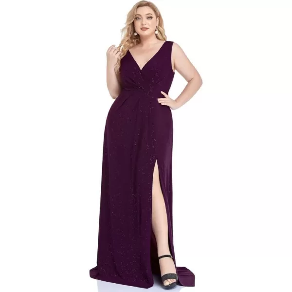 EverPretty Womens VNeck Glitter Dress Side Split Plus Size Evening Dress 07505Purple