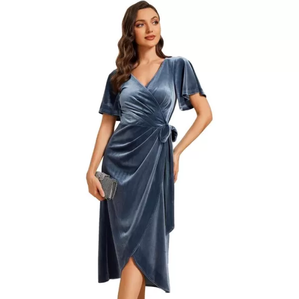 EverPretty Womens Velvet Midi Length ALine V Neck Ruffled Sleeves Wedding Guest Dress 01964Dusty Blue