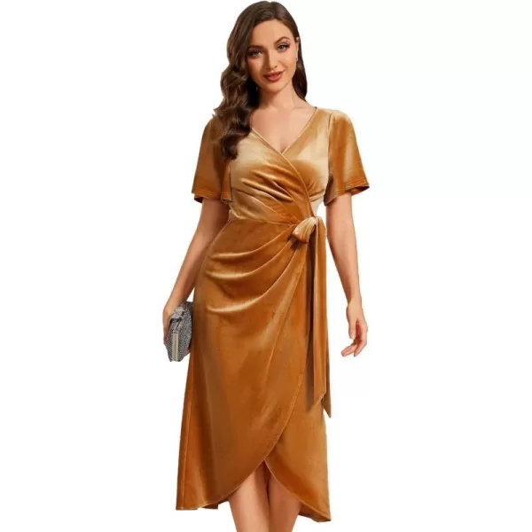 EverPretty Womens Velvet Midi Length ALine V Neck Ruffled Sleeves Wedding Guest Dress 01964Ginger