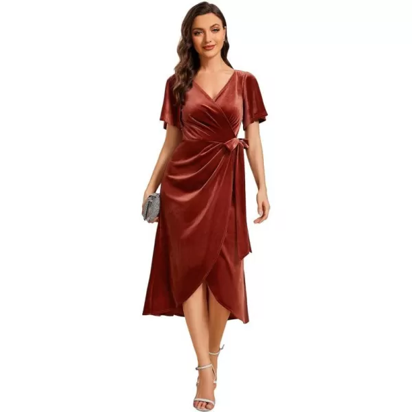 EverPretty Womens Velvet Midi Length ALine V Neck Ruffled Sleeves Wedding Guest Dress 01964Maroon