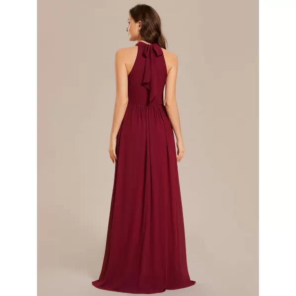 EverPretty Womens A Line Halter Straps Sleeveless Pleated High Slit Summer Maxi Formal Dresses 02014Burgundy