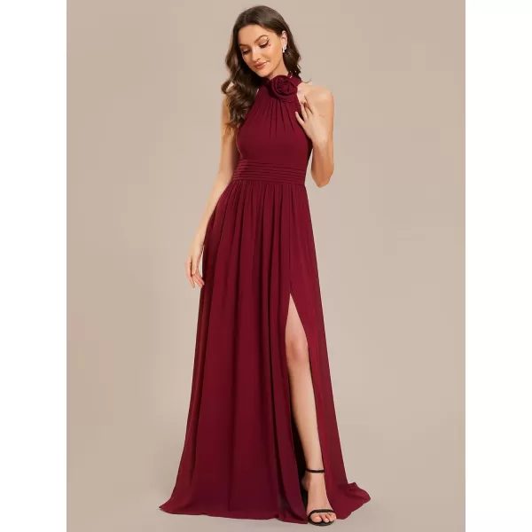 EverPretty Womens A Line Halter Straps Sleeveless Pleated High Slit Summer Maxi Formal Dresses 02014Burgundy