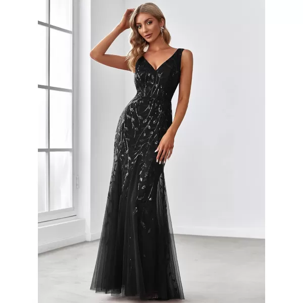 EverPretty Womens Formal Dress Sequin Double VNeck Sleeveless Mermaid Long Evening Dress 07886Black