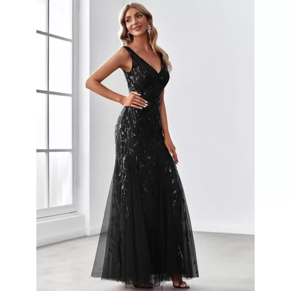 EverPretty Womens Formal Dress Sequin Double VNeck Sleeveless Mermaid Long Evening Dress 07886Black