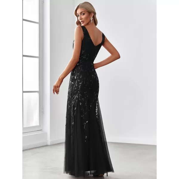 EverPretty Womens Formal Dress Sequin Double VNeck Sleeveless Mermaid Long Evening Dress 07886Black