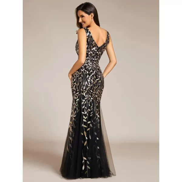 EverPretty Womens Formal Dress Sequin Double VNeck Sleeveless Mermaid Long Evening Dress 07886Black Gold