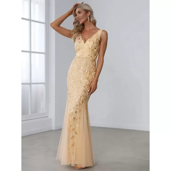 EverPretty Womens Formal Dress Sequin Double VNeck Sleeveless Mermaid Long Evening Dress 07886Gold