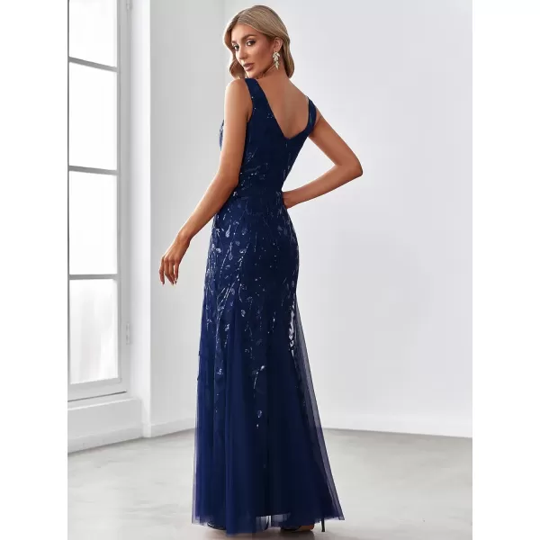 EverPretty Womens Formal Dress Sequin Double VNeck Sleeveless Mermaid Long Evening Dress 07886Navy