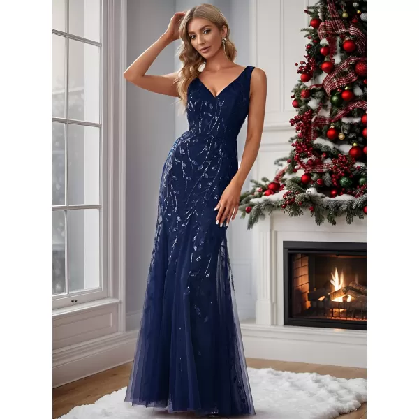 EverPretty Womens Formal Dress Sequin Double VNeck Sleeveless Mermaid Long Evening Dress 07886Navy