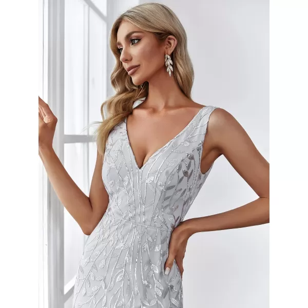 EverPretty Womens Formal Dress Sequin Double VNeck Sleeveless Mermaid Long Evening Dress 07886Silver