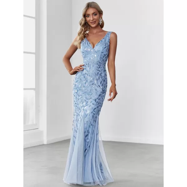 EverPretty Womens Formal Dress Sequin Double VNeck Sleeveless Mermaid Long Evening Dress 07886Sky Blue