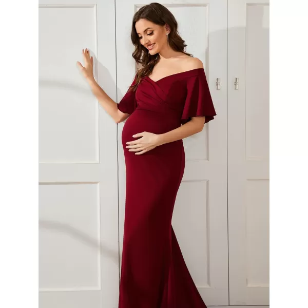 EverPretty Womens Off Shoulder Short Sleeves Open Back Pleated Bodycon Sweep Train Maternity Photoshoot Dress 01680EYBurgundy