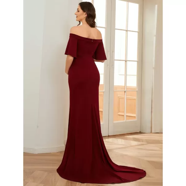 EverPretty Womens Off Shoulder Short Sleeves Open Back Pleated Bodycon Sweep Train Maternity Photoshoot Dress 01680EYBurgundy