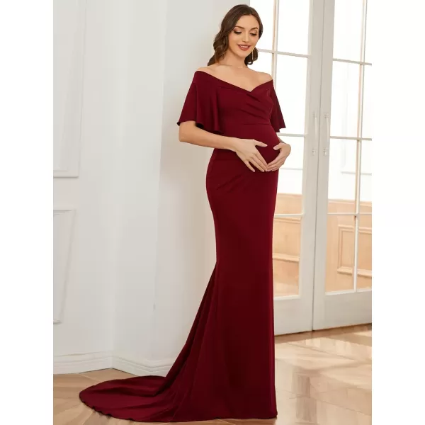 EverPretty Womens Off Shoulder Short Sleeves Open Back Pleated Bodycon Sweep Train Maternity Photoshoot Dress 01680EYBurgundy