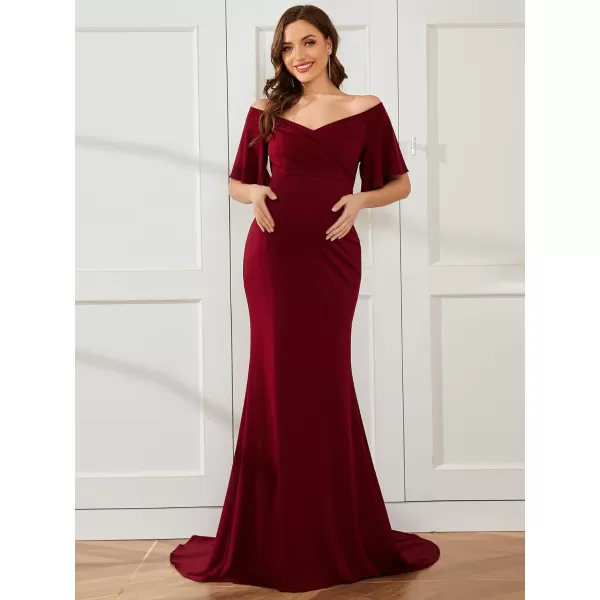 EverPretty Womens Off Shoulder Short Sleeves Open Back Pleated Bodycon Sweep Train Maternity Photoshoot Dress 01680EYBurgundy