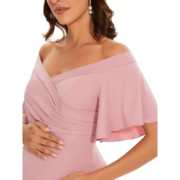 EverPretty Womens Off Shoulder Short Sleeves Open Back Pleated Bodycon Sweep Train Maternity Photoshoot Dress 01680EYDusty Rose