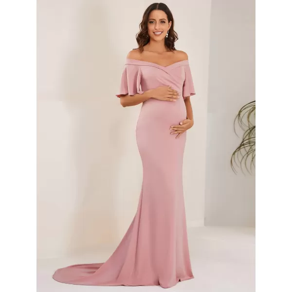 EverPretty Womens Off Shoulder Short Sleeves Open Back Pleated Bodycon Sweep Train Maternity Photoshoot Dress 01680EYDusty Rose